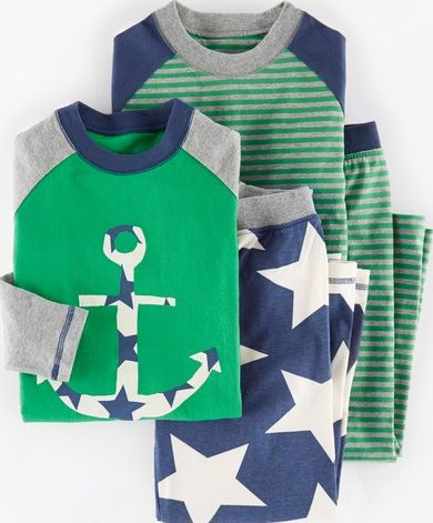 Mini Boden, 1669[^]34942680 Twin Pack Pyjamas Ecru Anchor/Broccoli Stripe