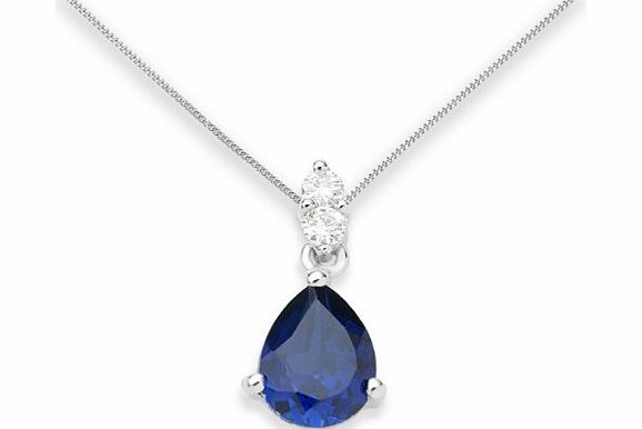 Sapphire Necklace, 9ct White Gold, Diamond and Created Sapphire Peardrop Pendant UNI007P2W, 42cm + 3cm extender