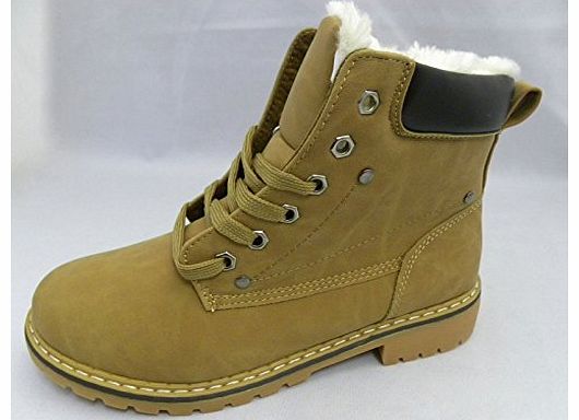 Mojoshu WOMENS LADIES HIGH TOP FUR LACE UP GOOD GRIP FLAT ANKLE DESERT BOOT SIZE 3 - 8 (UK 5/ EU 38, TAN)