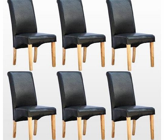 6 x CAMBRIDGE LEATHER BLACK DINING CHAIR w OAK FINISH WOOD LEGS ROLL TOP HIGH BACK