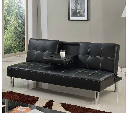 CINEMO 3 SEATER SOFA BED FAUX LEATHER w FOLD DOWN TABLE CHROME LEGS FUTON (Black)