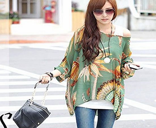 Museya Fashion Floral Print Round Neck Batwing Sleeve Women three quarterss loose chiffon blouse T-shirt - Free Size (Green)