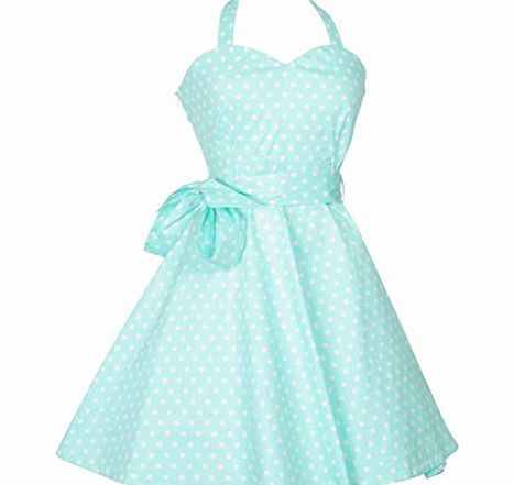 MY EVENING DRESS Vintage Polka Dot Print Halterneck 1950s Rockabilly Swing Prom Cocktail Dress UK Light Turquoise with Medium White Spots Size 14