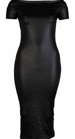 My1stWish 6S Womens Black Wet Look Ladies Shiny Bodycon Off Shoulder Midi Dress Size 8/10