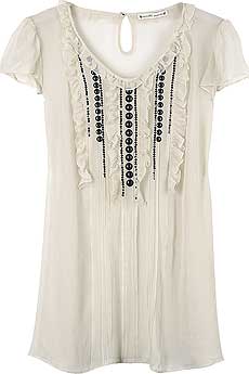 Ivory frilly capped sleeve blouse with black bead embellished bib.