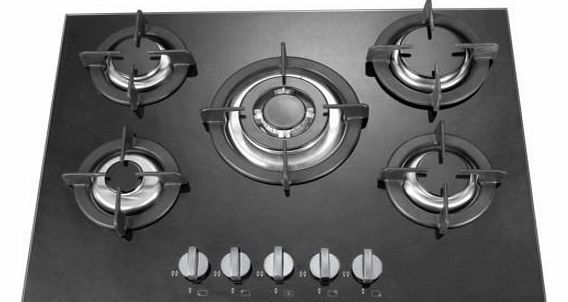 Necht 5 burner 70cm black glass built in gas hob with heavy duty burners