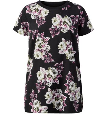 Black Crepe Ribbed Neck Floral Print T-Shirt