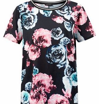 Black Ribbed Neck Rose Print T-Shirt 3227881