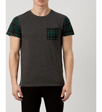 Dark Grey Contrast Check Sleeve T-Shirt 3315582