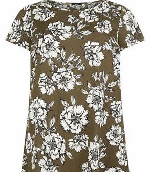 Inspire Khaki Curved Hem Floral Print T-Shirt