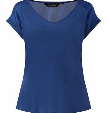 Navy Sateen Shoulder V Neck T-Shirt 3121956