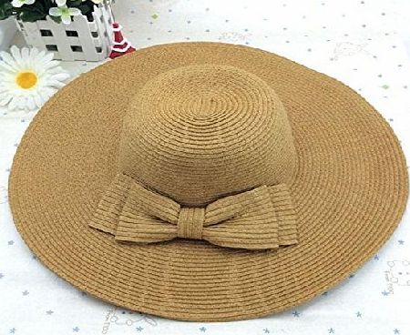 OULII Fashion Foldable Womens Girls Sweet Bowknot Wide Brim Floppy Summer Straw Sun Hat Beach Cap (Light Brown)