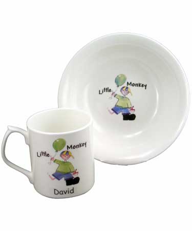 Personalised Gift LITTLE MONKEY MUG AND BOWL SET.