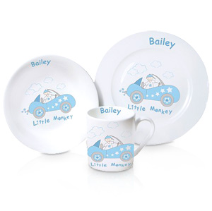 personalised Little Monkey in Car Breakfast Set