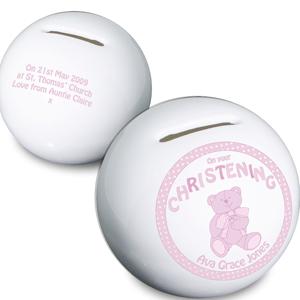 Teddy Pink Christening Moneybox