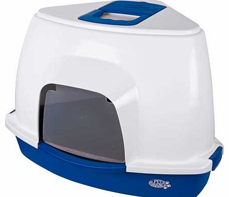 Corner Cat Litter Tray with Hood - Blue