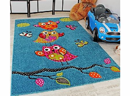 PHC Kids Carpet Cute Owls Modern Children Rug in Blue Turquoise Orange Cream Green, Size:80x150 cm