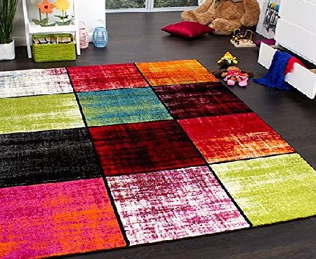 Kids Rug - Squared Design - Multicoloured - Mottled Red Pink Green Blue, Size:120x170 cm