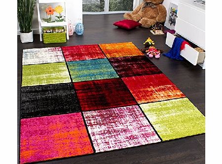 Kids Rug - Squared Design - Multicoloured - Mottled Red Pink Green Blue, Size:80x150 cm