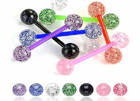 PiercedOff Set of 7 Assorted BioFlex Tongue Studs with UV Glitter Acrylic Balls Tongue Bars 14GA (1.6mm x 16mm)