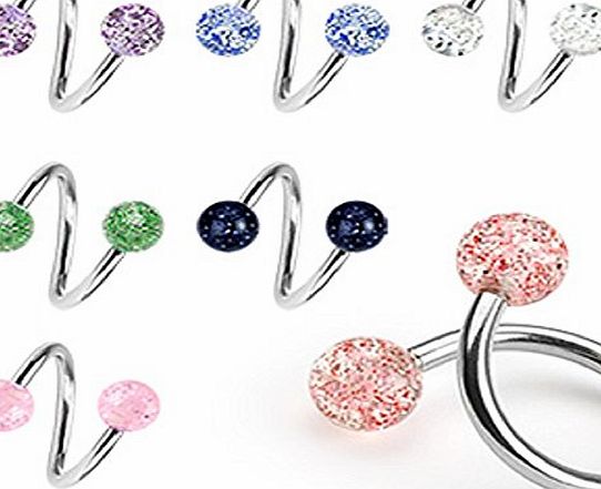 PiercedOff Set of 7 Assorted Spiral Eyebrow Lip Navel Bars Tragus Twist Barbell with Super Glitter Balls 14GA (1.2mm)