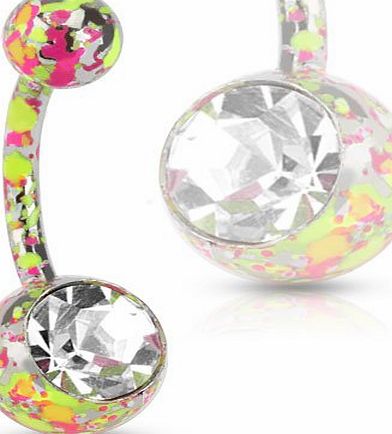 Piercing Boutique Surgical Steel Belly Bar With Paint Splatter Ball Design 1.6mm (14 gauge) x 10mm Length - One Piece - Yellow Splatter