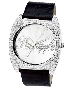 Silver Stone Set Black Strap Watch