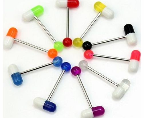 Pinzhi(TM) 10PCS Mixed Pill Shape Metal Ball Barbell Tongue Rings Bar Body Jewelry Piercing