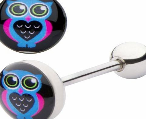 Piskies Playhouse 1.6 mm - 14g - Surgical Steel Pink Black Vintage Emo Owl Ball Tongue Bar Barbell Stud