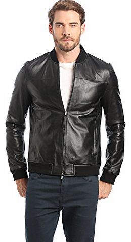 Pretty Green Mens Gaston Bomber Leather Long Sleeve Jacket, Black, Small