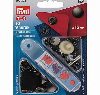 Prym Brass Anorak Press Fasteners, 15mm, Black,