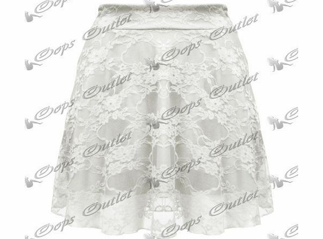 Pure Fashion Womens Ladies Stretchy High Waist Full Lace Mesh Flared Mini Short Skater Skirt