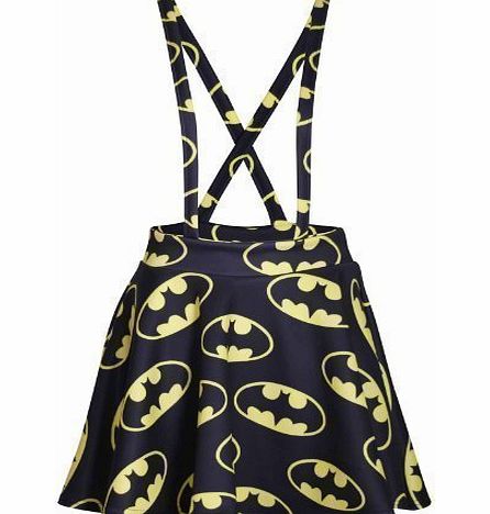 Purple Hanger Womens Batman Logo Comic Print Ladies Cross Back Straps Pinafore Mini Short Flared Skater Skirt Dungarees Black amp; Yellow Size 12 - 14