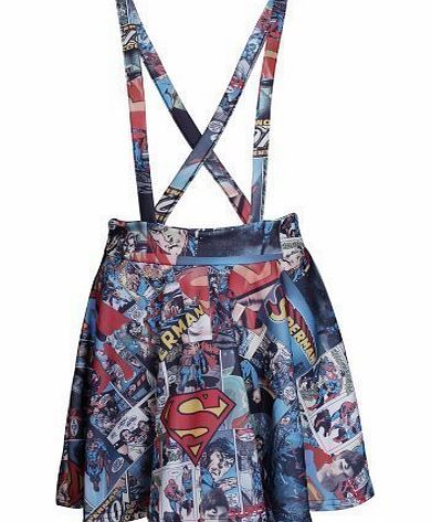 Purple Hanger Womens New Batman Superman Comic Print Ladies Short Mini Flared Skater Skirt Pinafore Dunagrees Superman Size 12 - 14