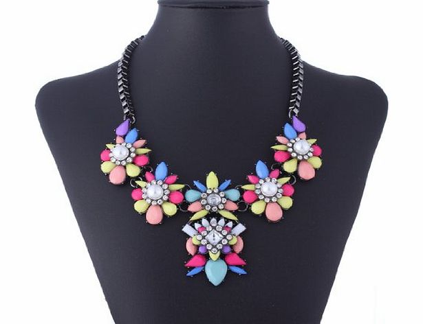 Qiyun Black Chain Resin Flower Beaded Y Bib Statement Choker Necklace