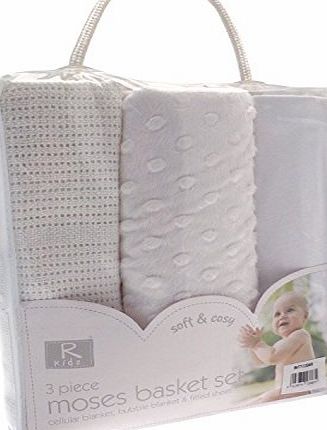 R Kids 3PC WHITE MOSES BASKET SET BABY BEDDING KIT * CELLULAR BLANKET BUBBLE BLANKET FITTED SHEET