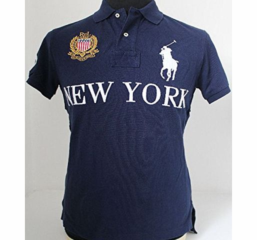 MENS POLO RALPH LAUREN NEW YORK UNITED STATES OF AMERICA BIG PONY CUSTOM FIT NAVY POLO *MEDIUM