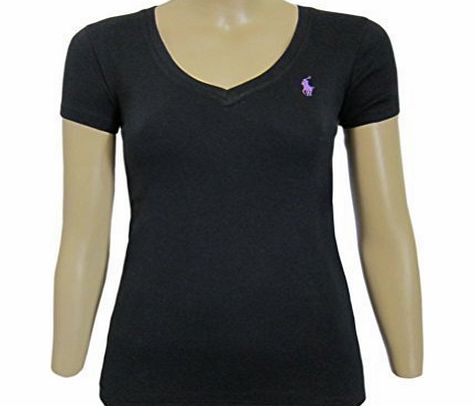 Ralph Lauren  WOMENS SHORT SLEEVE V NECK PERFECT TEE, T-SHIRT BLACK, PINK, NAVY, WHITE Size S,M,L,XL (Large, Black)