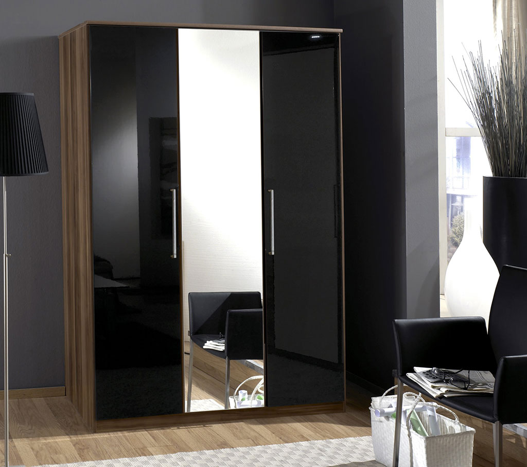 Roma walnut and black gloss 3 Door mirror Wardrobe