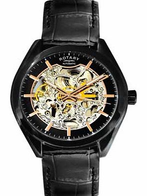 Mens Black Strap Skeleton Watch