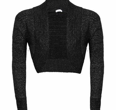 Runway Splash NEW WOMENS LADIES LUREX BOLERO LONG SLEEVES KNITTED SHRUG CARDIGAN TOP SIZE 8-12[Black ,L/XL (16-18)]