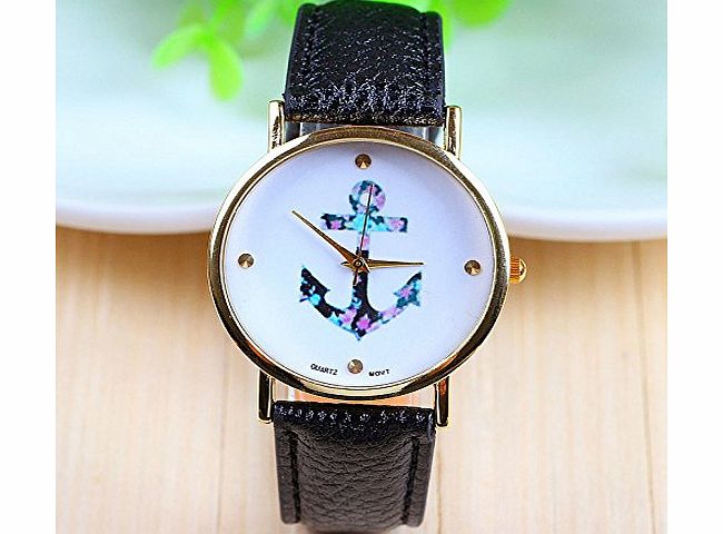 ryanwayland Top New Fashion Geneva Women Watch Flower Anchor Dial Rose Gold Bezel PU Leather Ladies Gift Accessory (black)