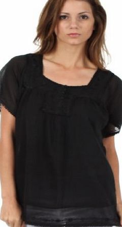 Sakkas 65TV Square Neck Button Detail Semi-Sheer Gauzy Cotton Blouse - Black - 3X