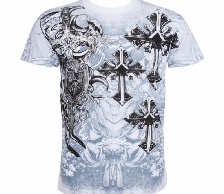 Sakkas TG527T Cross,Sword and Shield Metallic Silver Embossed Short Sleeve Crew Neck Cotton Mens Fashion T-Shirt - White / Medium