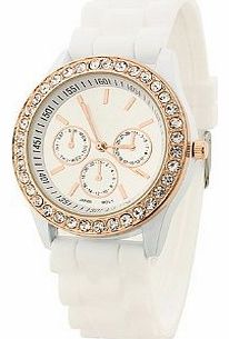 Sanwood Fashion Silicone Golden Crystal Stone Quartz Ladies Jelly Wrist Watch White