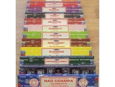 Satya Genuine SATYA SAI BABA - NAG CHAMPA VARIETY MIX 12 X 15G BOXES OF INCENSE, INCLUDES NAG CHAMPA, CELESTIAL, MIDNIGHT, PATCHOULI, SANDALWOOD, SUNRISE, ROMANCE, BLESSINGS, FORTUNE, JASMINE BLOSSOM AND RA