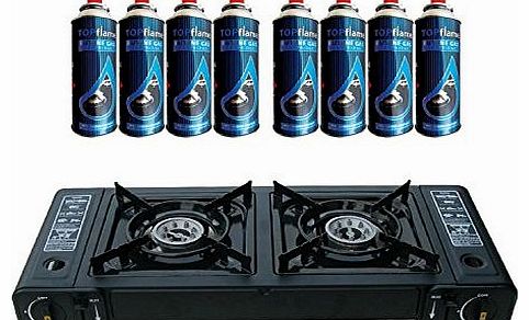 savingworld Topflame Dual Burner Double Hob Camping Gas Stove Cooker   8 Gas Refills