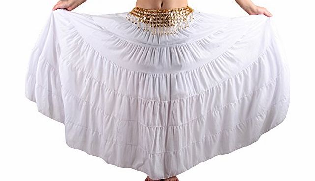 Seawhisper Belly Dance 8 Yard Bohemia Skirt, Swing Skirt, Tiered Maxi Tribal Gypsy Skirt Flared Long Retro Vintage Beach Summer Cotton Dress Costume with Gold Coins Belt Waist Chain (white)