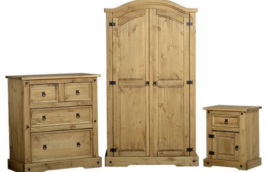 WorldStores Kaden Trio Bedroom Furniture Set - Solid Pine with metal fittings