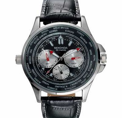 Sekonda Mens Black Multi Dial World Time Watch